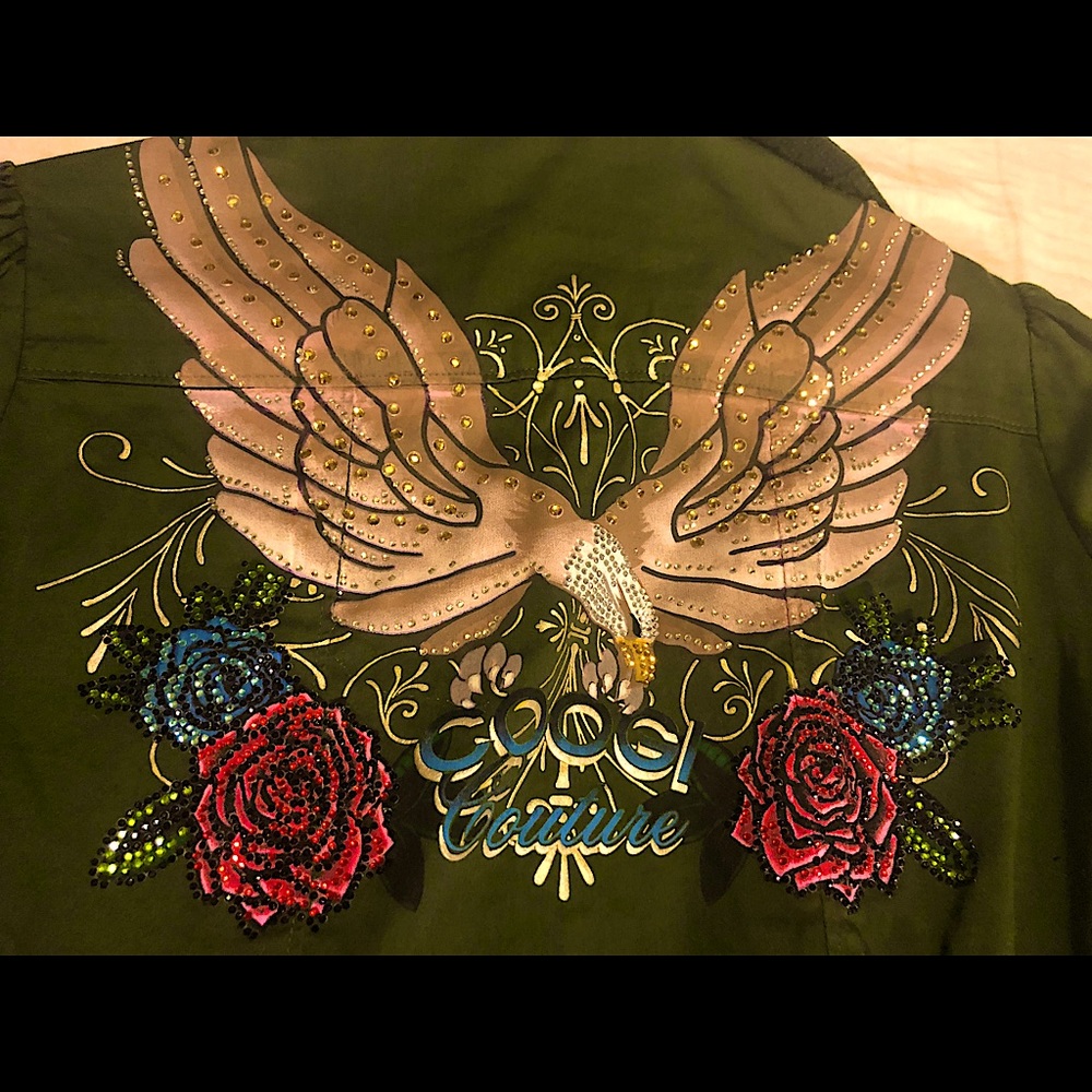 Coogi army green rhinestone Eagle shirt